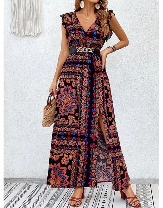 Omarı Yırtmaç Detaylı V Yakalı Süprem Elbise