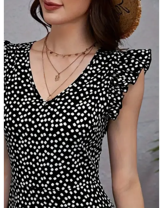 Omarı Yazın Trendi Kadın Fırfırlı V Yaka Elbise