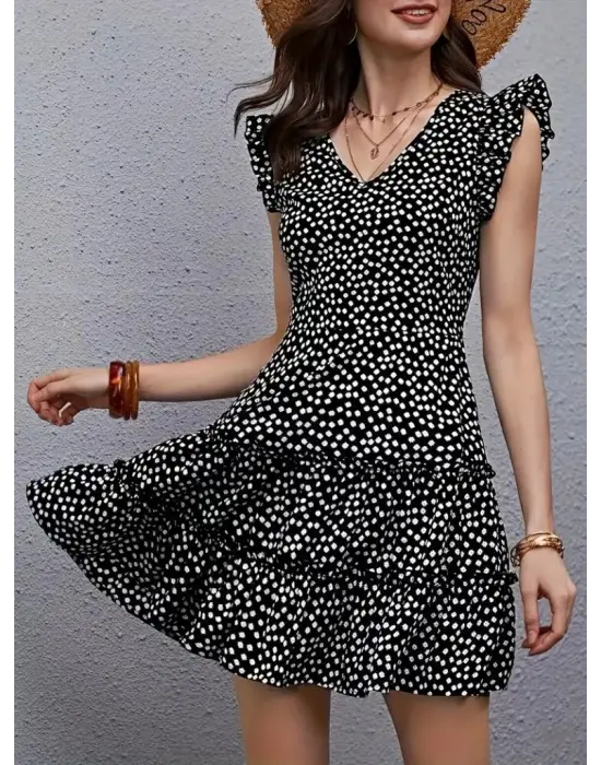 Kadın Kısa Kollu V Yakalı Desenli Fırfırlı Süprem Elbise