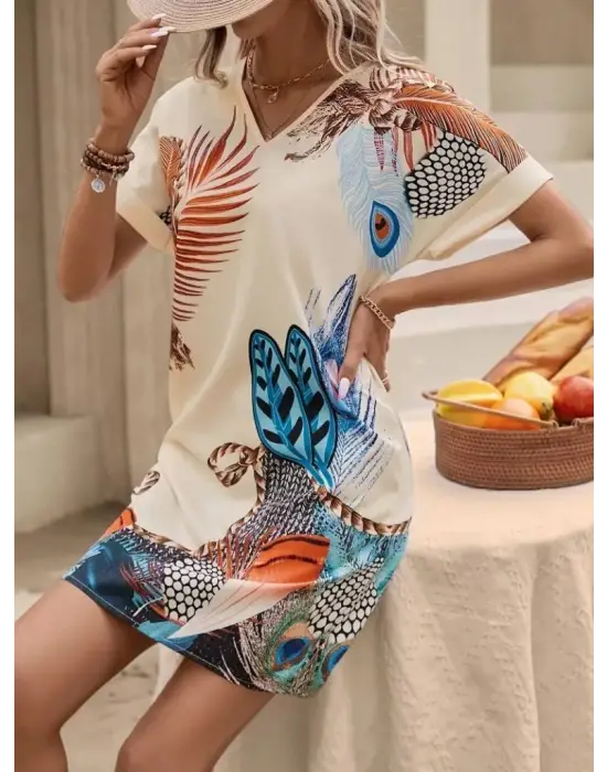 Kadın Kısa Kollu V Yakalı Desenli Mini Atlas Elbise