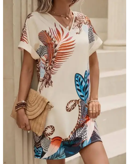 Kadın Kısa Kollu V Yakalı Desenli Mini Atlas Elbise