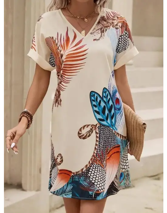 Kadın Kısa Kollu V Yakalı Desenli Mini Atlas Elbise