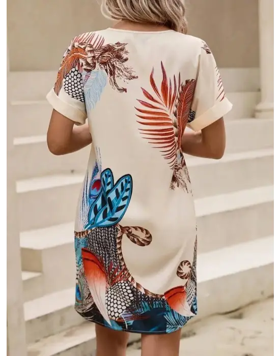 Kadın Kısa Kollu V Yakalı Desenli Mini Atlas Elbise