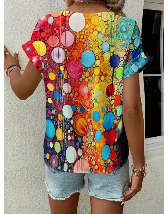 Kadın Kısa Kollu V Yakalı Desenli Süprem Bluz