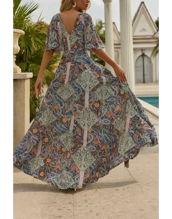 Omarı V Yakalı Desenli Kadın Kısa Kollu Elbise