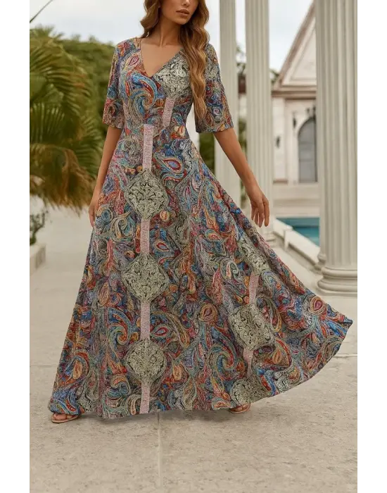 Omarı V Yakalı Desenli Kadın Kısa Kollu Elbise