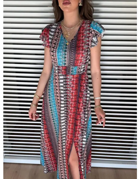 Kadın Kısa Kollu V Yakalı Desenli Yandan Yırtmaçlı Süprem Elbise