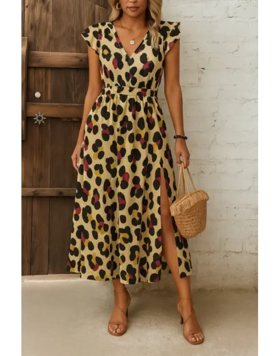 Omarı Desenli Yandan Yırtmaçlı Kadın Suprem Elbise