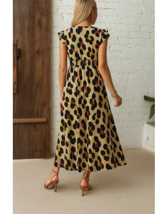 Kadın Kısa Kollu V Yakalı Desenli Yandan Yırtmaçlı Süprem Elbise