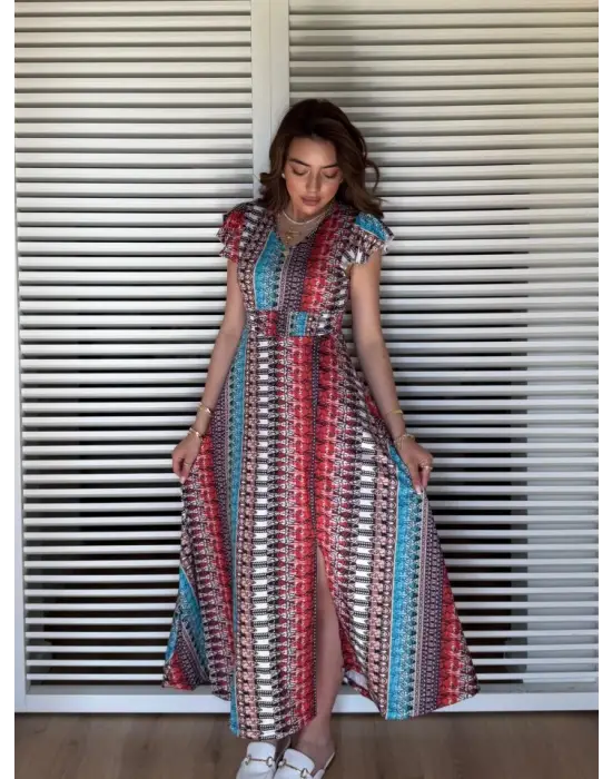 Kadın Kısa Kollu V Yakalı Desenli Yandan Yırtmaçlı Süprem Elbise