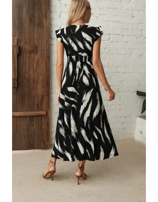 Kadın Kısa Kollu V Yakalı Desenli Yandan Yırtmaçlı Süprem Elbise