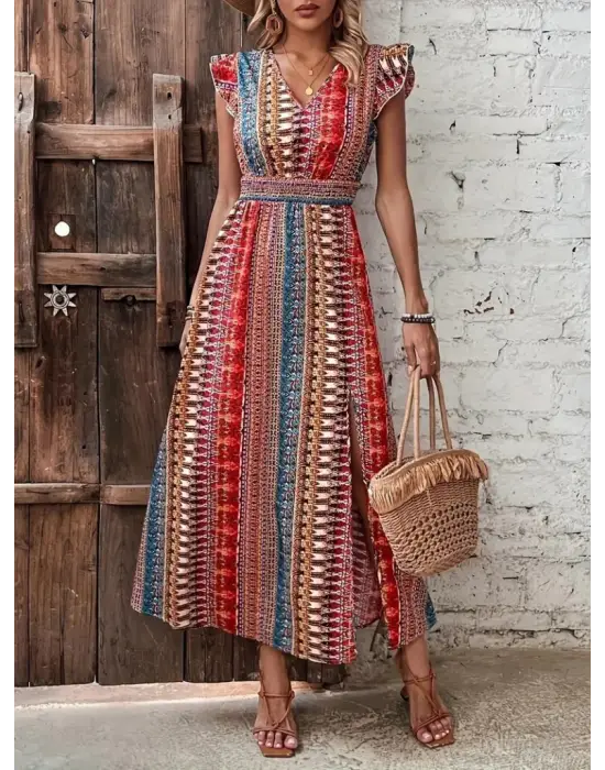 Omarı Şık Desenli Yandan Yırtmaçlı Kadın Elbisesi