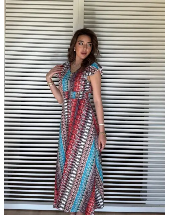 Kadın Kısa Kollu V Yakalı Desenli Yandan Yırtmaçlı Süprem Elbise