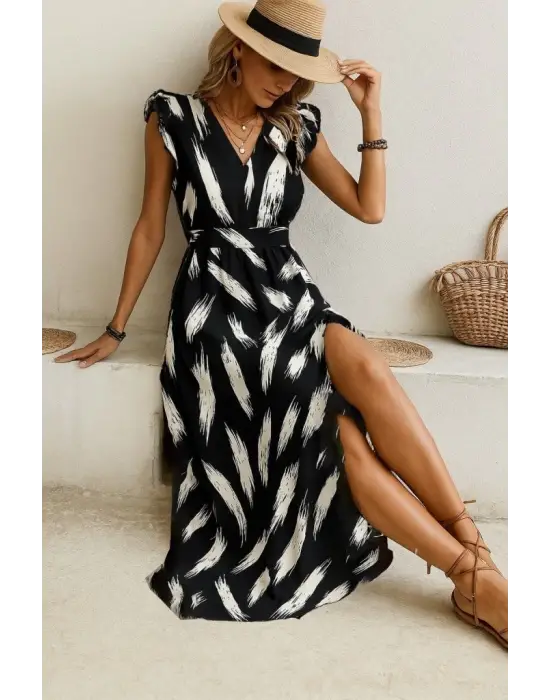 Kadın Kısa Kollu V Yakalı Desenli Yandan Yırtmaçlı Süprem Elbise