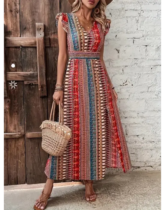 Omarı Şık Desenli Yandan Yırtmaçlı Kadın Elbisesi