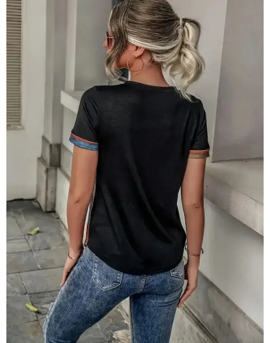 Kadın Kısa Kollu V Yakalı Düğmeli çok Renkli Süprem Bluz