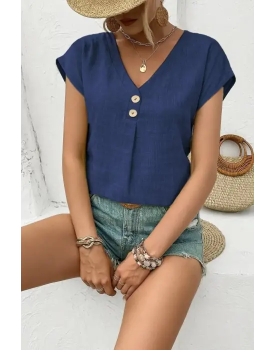 Omarı Sade Şıklık: Kadın Kısa Kollu V Yakalı Keten Bluz