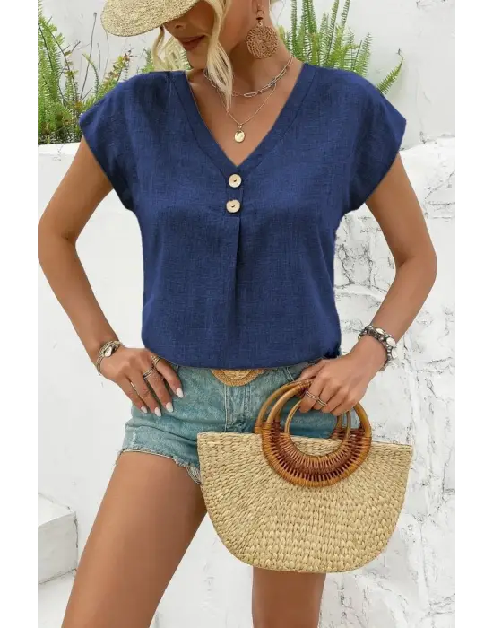 Omarı Sade Şıklık: Kadın Kısa Kollu V Yakalı Keten Bluz