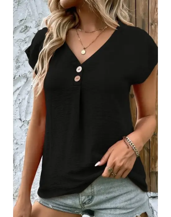 Omarı Şık Keten Bluz V Yakalı Düğmeli Model