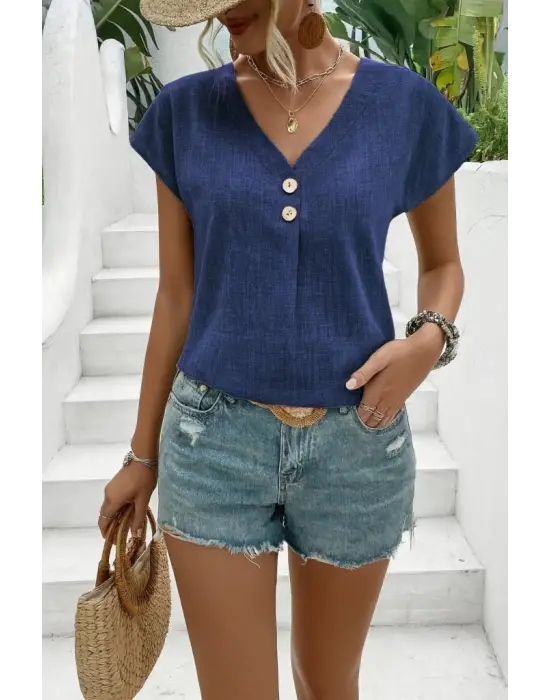 Omarı Sade Şıklık: Kadın Kısa Kollu V Yakalı Keten Bluz