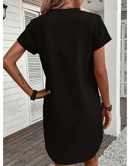 Kadın Kısa Kollu V Yakalı Düğmeli Müslim Kısa Elbise