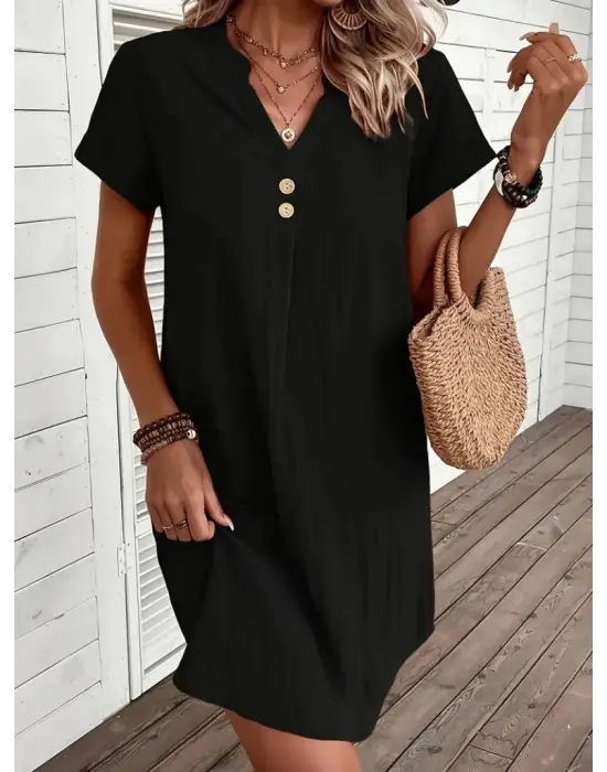 Kadın Kısa Kollu V Yakalı Düğmeli Müslim Kısa Elbise