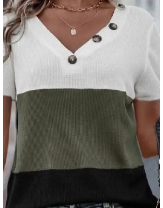 Kadın Kısa Kollu V Yakalı Düğmeli Waffle Bluz