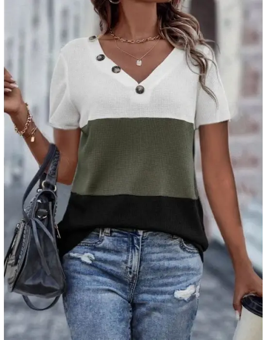 Kadın Kısa Kollu V Yakalı Düğmeli Waffle Bluz
