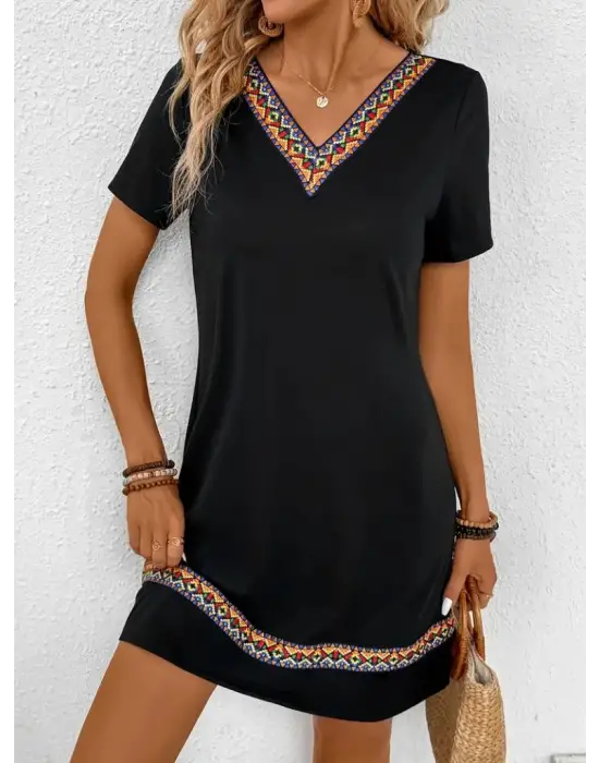Kadın Kısa Kollu V Yakalı Etnik Desen şerit Detaylı Viskon Elbise