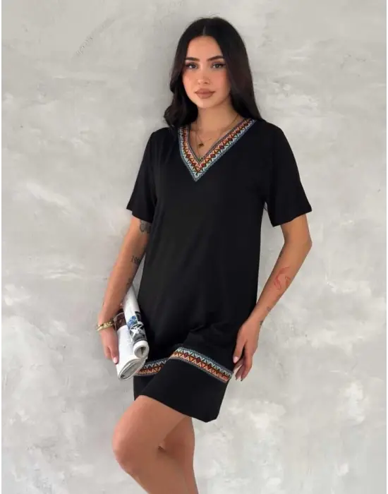 Kadın Kısa Kollu V Yakalı Etnik Desen şerit Detaylı Viskon Elbise