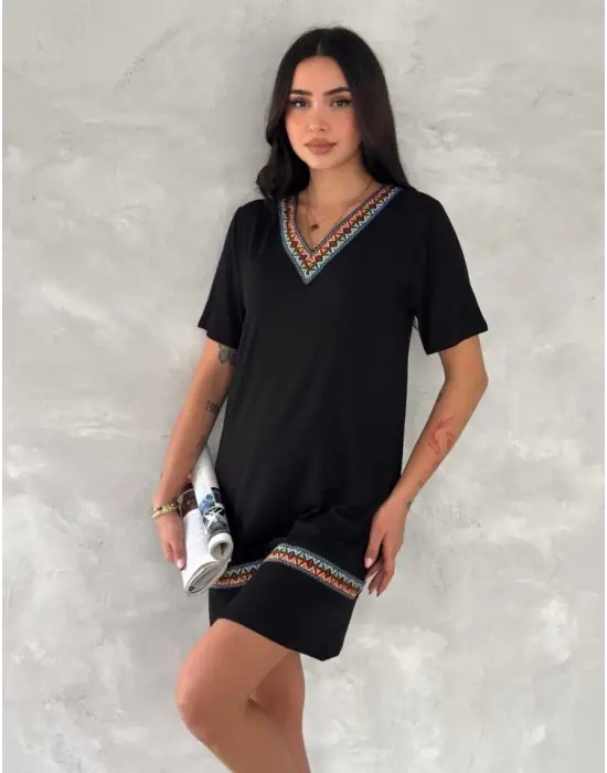 Kadın Kısa Kollu V Yakalı Etnik Desen şerit Detaylı Viskon Elbise