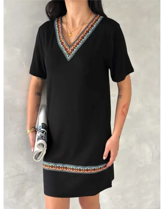 Kadın Kısa Kollu V Yakalı Etnik Desen şerit Detaylı Viskon Elbise