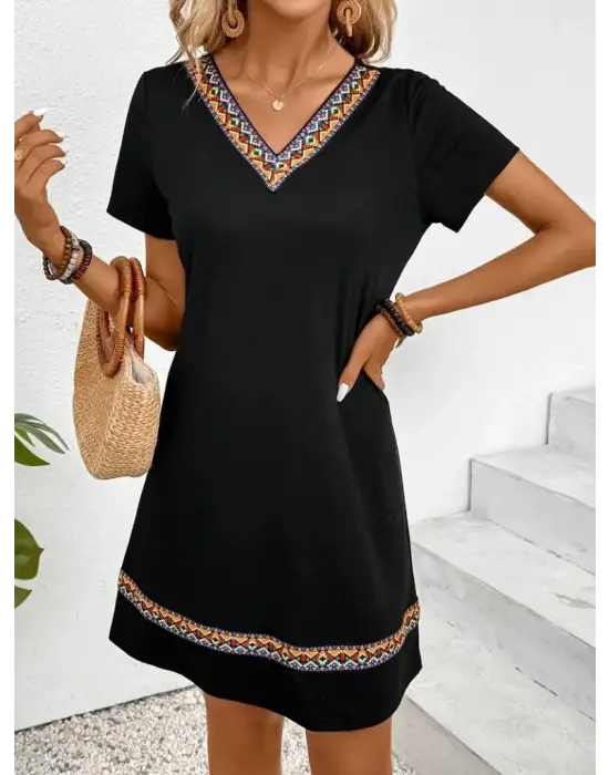 Kadın Kısa Kollu V Yakalı Etnik Desen şerit Detaylı Viskon Elbise