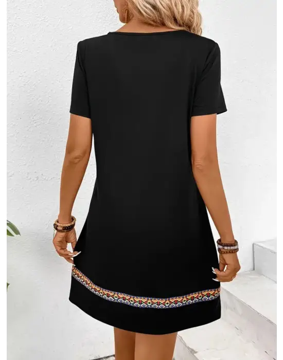 Kadın Kısa Kollu V Yakalı Etnik Desen şerit Detaylı Viskon Elbise