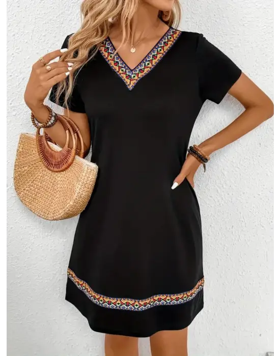 Kadın Kısa Kollu V Yakalı Etnik Desen şerit Detaylı Viskon Elbise