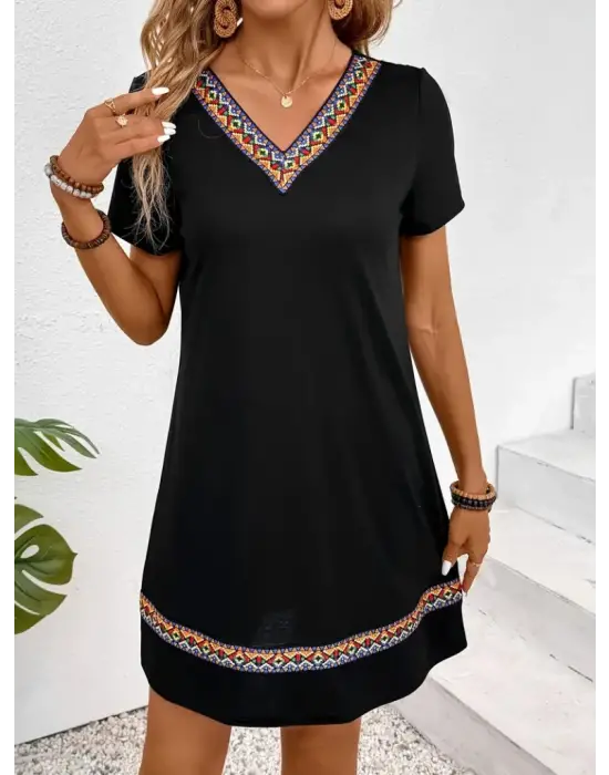 Kadın Kısa Kollu V Yakalı Etnik Desen şerit Detaylı Viskon Elbise