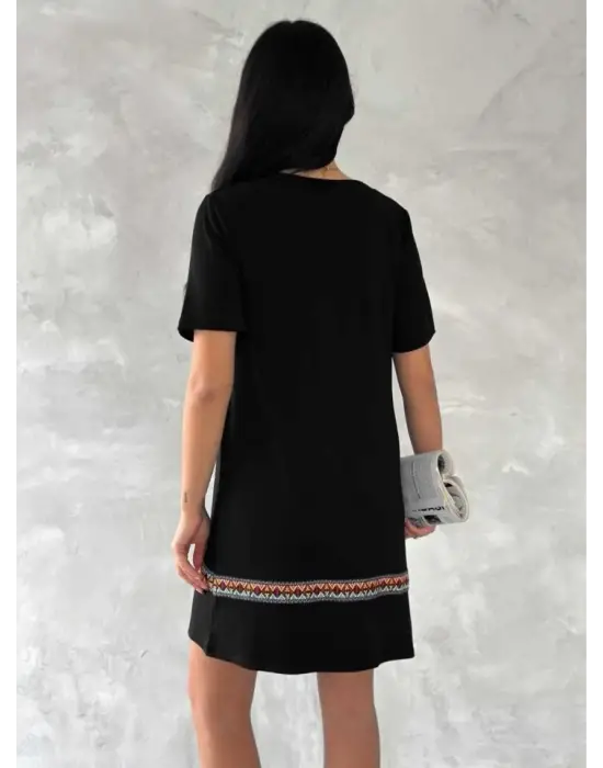 Kadın Kısa Kollu V Yakalı Etnik Desen şerit Detaylı Viskon Elbise