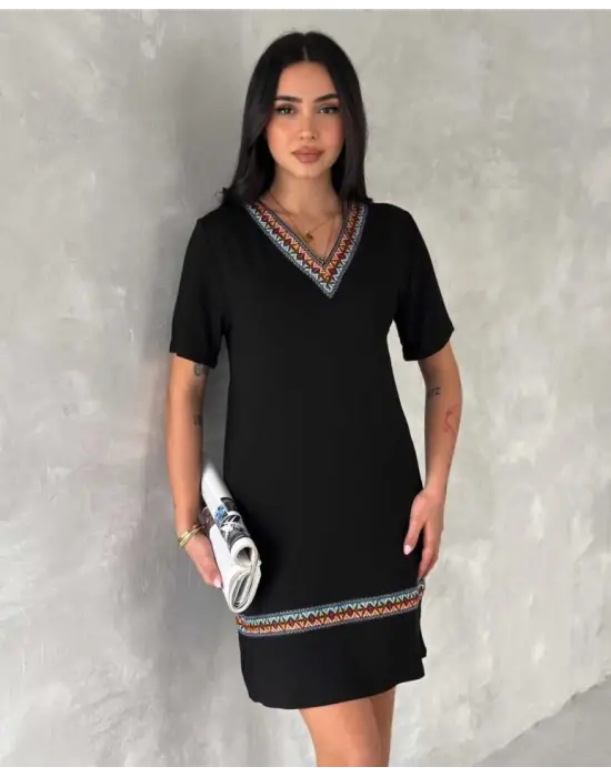 Kadın Kısa Kollu V Yakalı Etnik Desen şerit Detaylı Viskon Elbise