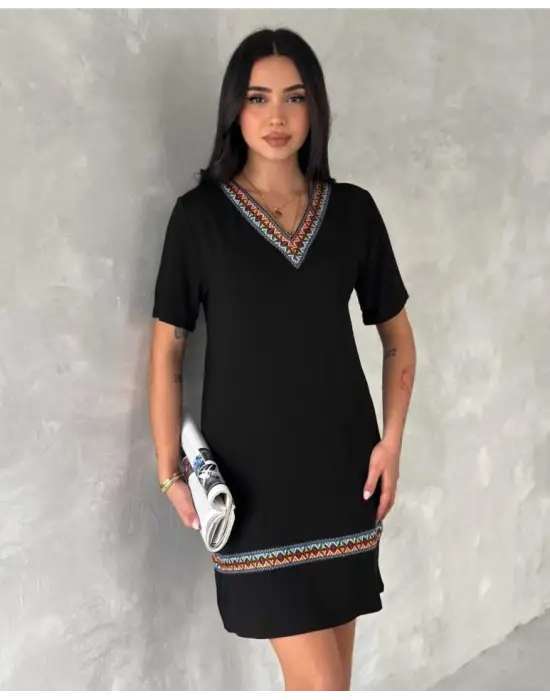Kadın Kısa Kollu V Yakalı Etnik Desen şerit Detaylı Viskon Elbise