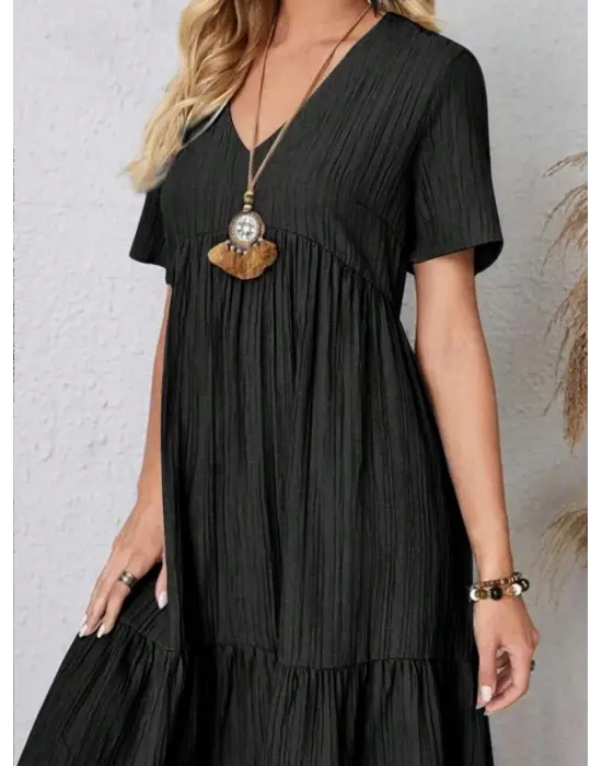 Kadın Kısa Kollu V Yakalı Fırfırlı Bürümcük Elbise