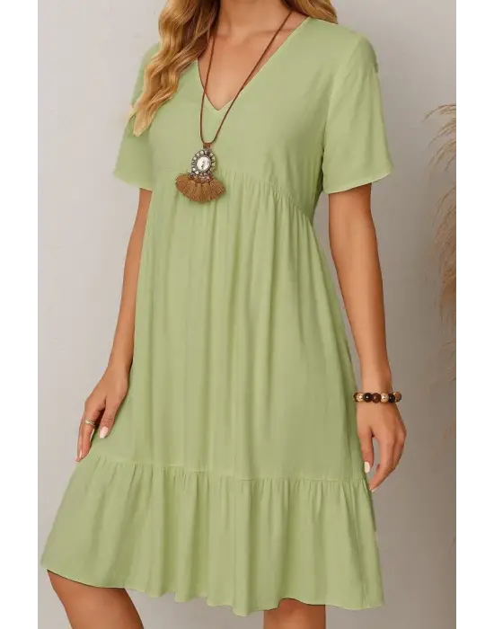 Kadın Kısa Kollu V Yakalı Fırfırlı Bürümcük Elbise