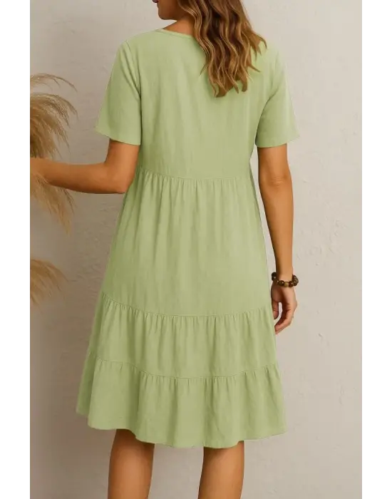 Kadın Kısa Kollu V Yakalı Fırfırlı Bürümcük Elbise