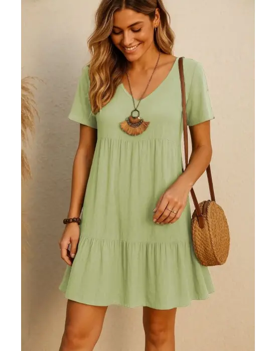 Kadın Kısa Kollu V Yakalı Fırfırlı Bürümcük Elbise