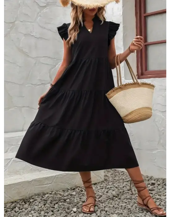 Kadın Kısa Kollu V Yakalı Geniş Kesim Uzun Trikoton Elbise