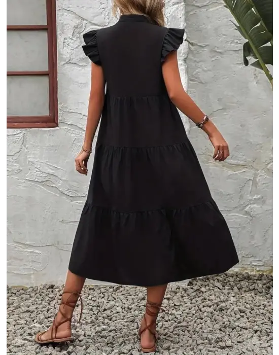 Kadın Kısa Kollu V Yakalı Geniş Kesim Uzun Trikoton Elbise