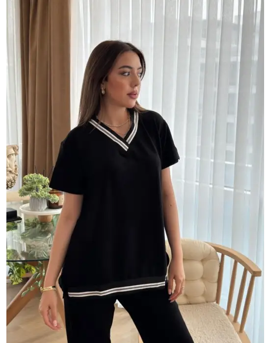 Kadın Kısa Kollu V Yakalı Iki Iplik Bluz Ve Pantolon Ikili Takım