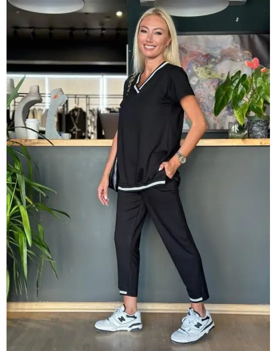 Kadın Kısa Kollu V Yakalı Iki Iplik Bluz Ve Pantolon Ikili Takım