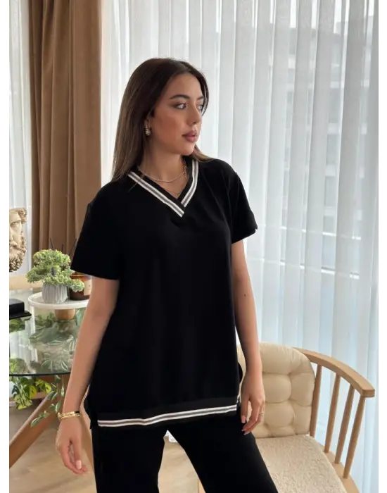 Kadın Kısa Kollu V Yakalı Iki Iplik Bluz Ve Pantolon Ikili Takım