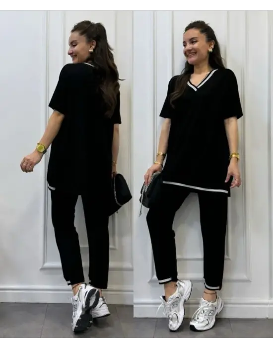 Kadın Kısa Kollu V Yakalı Iki Iplik Bluz Ve Pantolon Ikili Takım