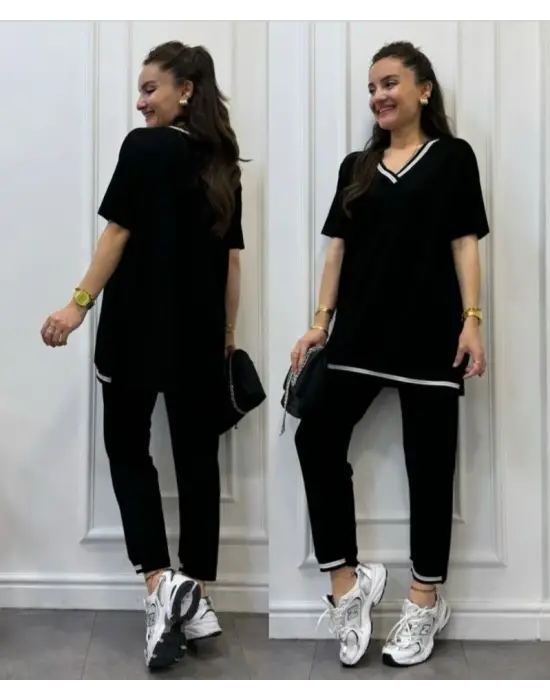 Kadın Kısa Kollu V Yakalı Iki Iplik Bluz Ve Pantolon Ikili Takım
